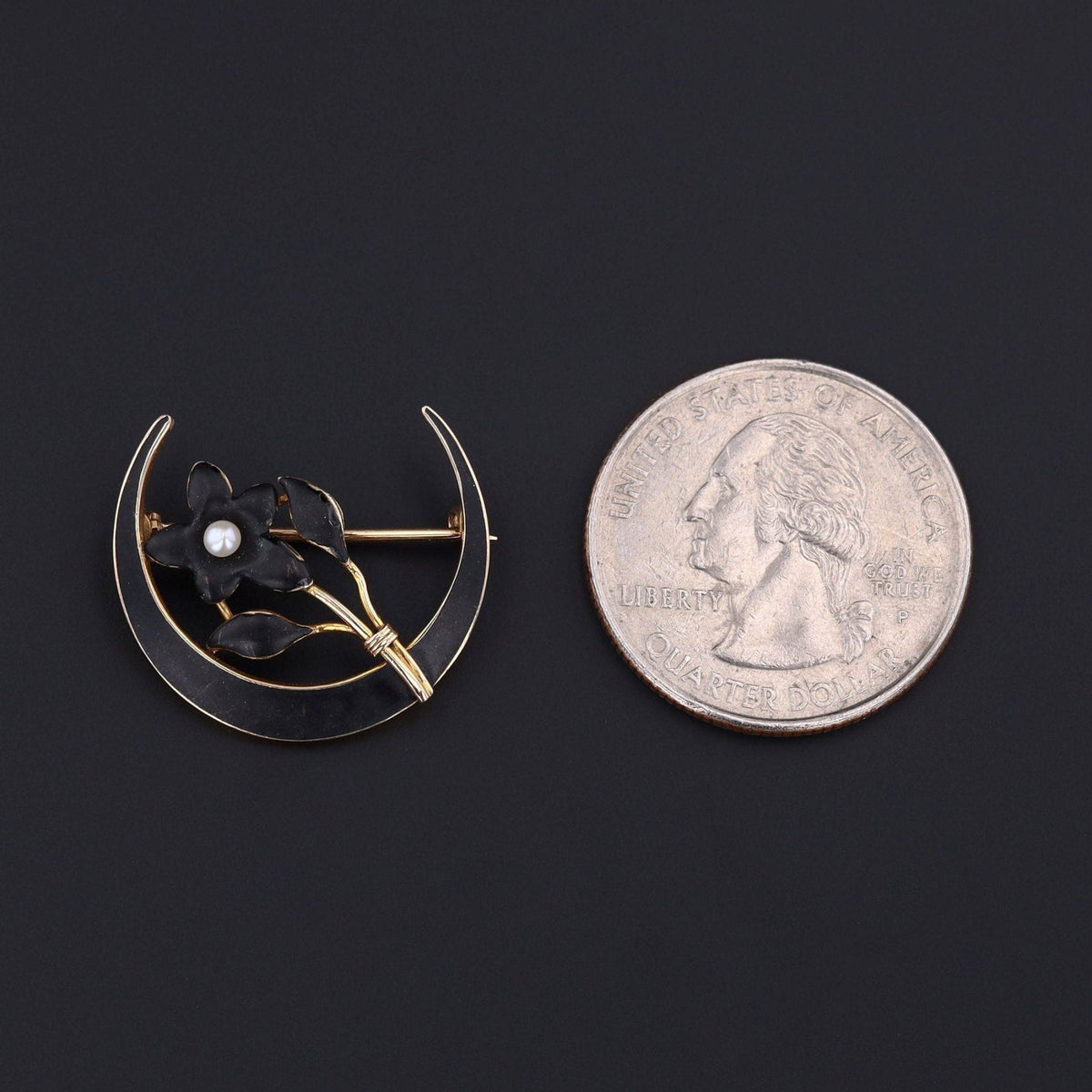 Antique Black Enamel Crescent Moon and Flower Brooch of 10k Gold - Trademark Antiques