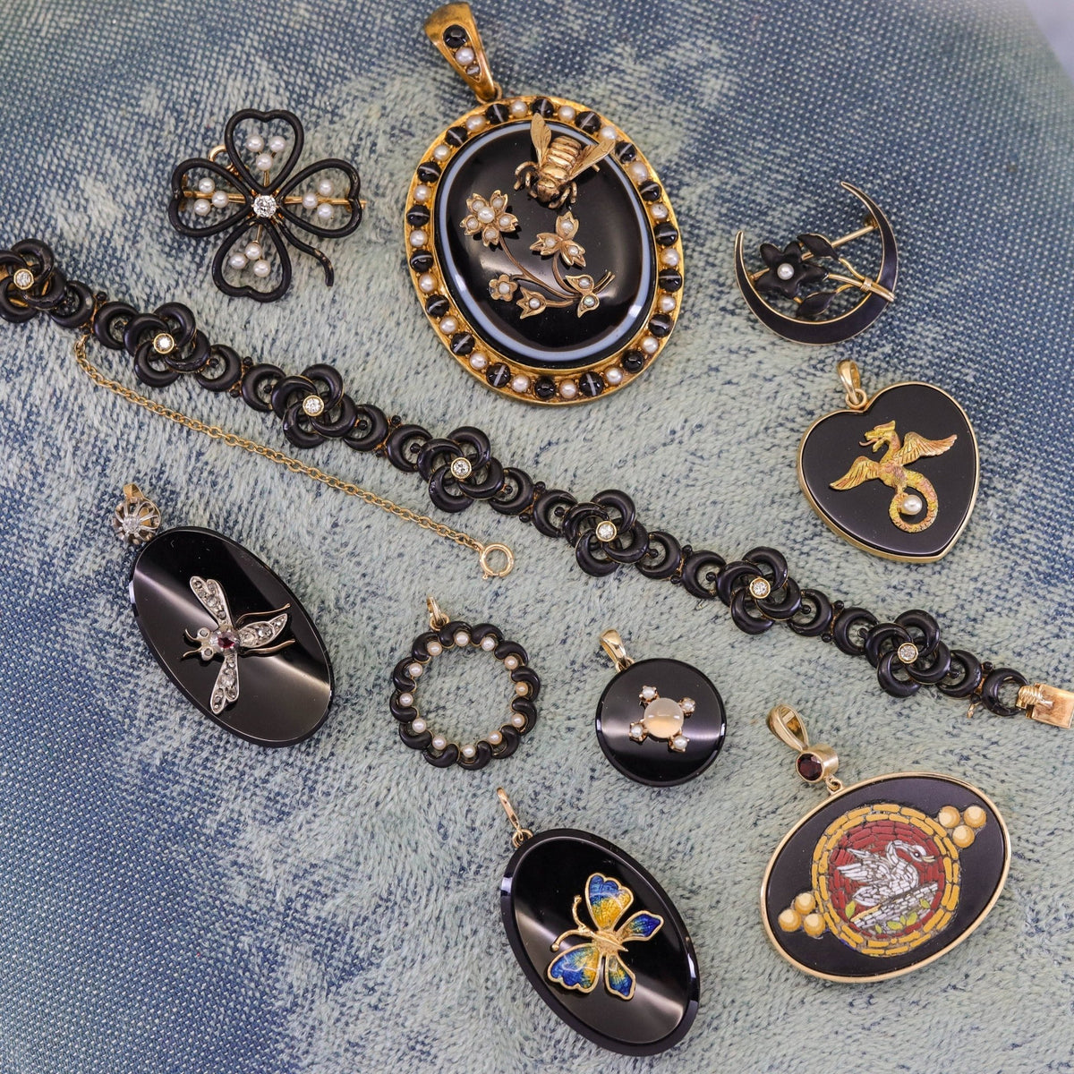 Antique Black Enamel Crescent Moon and Flower Brooch of 10k Gold - Trademark Antiques