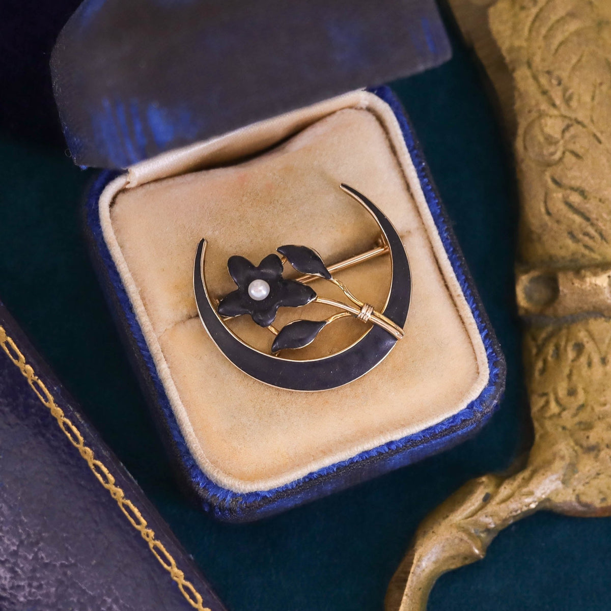 Antique Black Enamel Crescent Moon and Flower Brooch of 10k Gold - Trademark Antiques