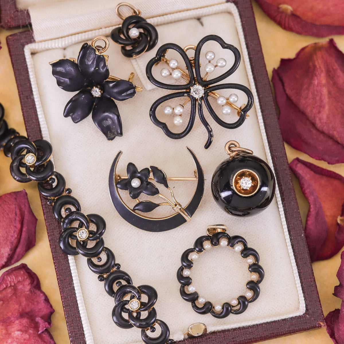 Antique Black Enamel Love Knot Conversion Charm of 14k Gold - Trademark Antiques