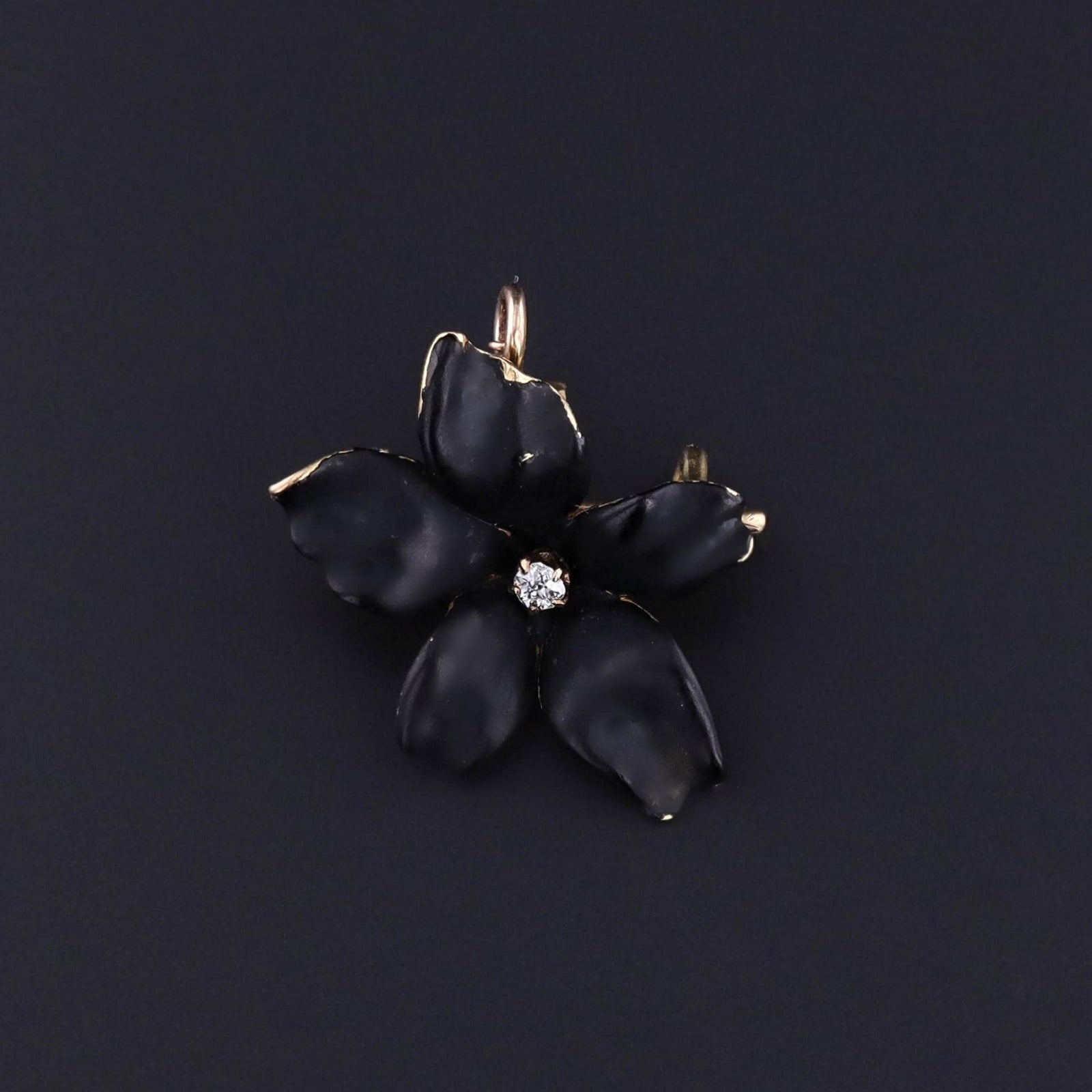 Antique Black Enamel Violet Pendant Brooch of 14k Gold - Trademark Antiques