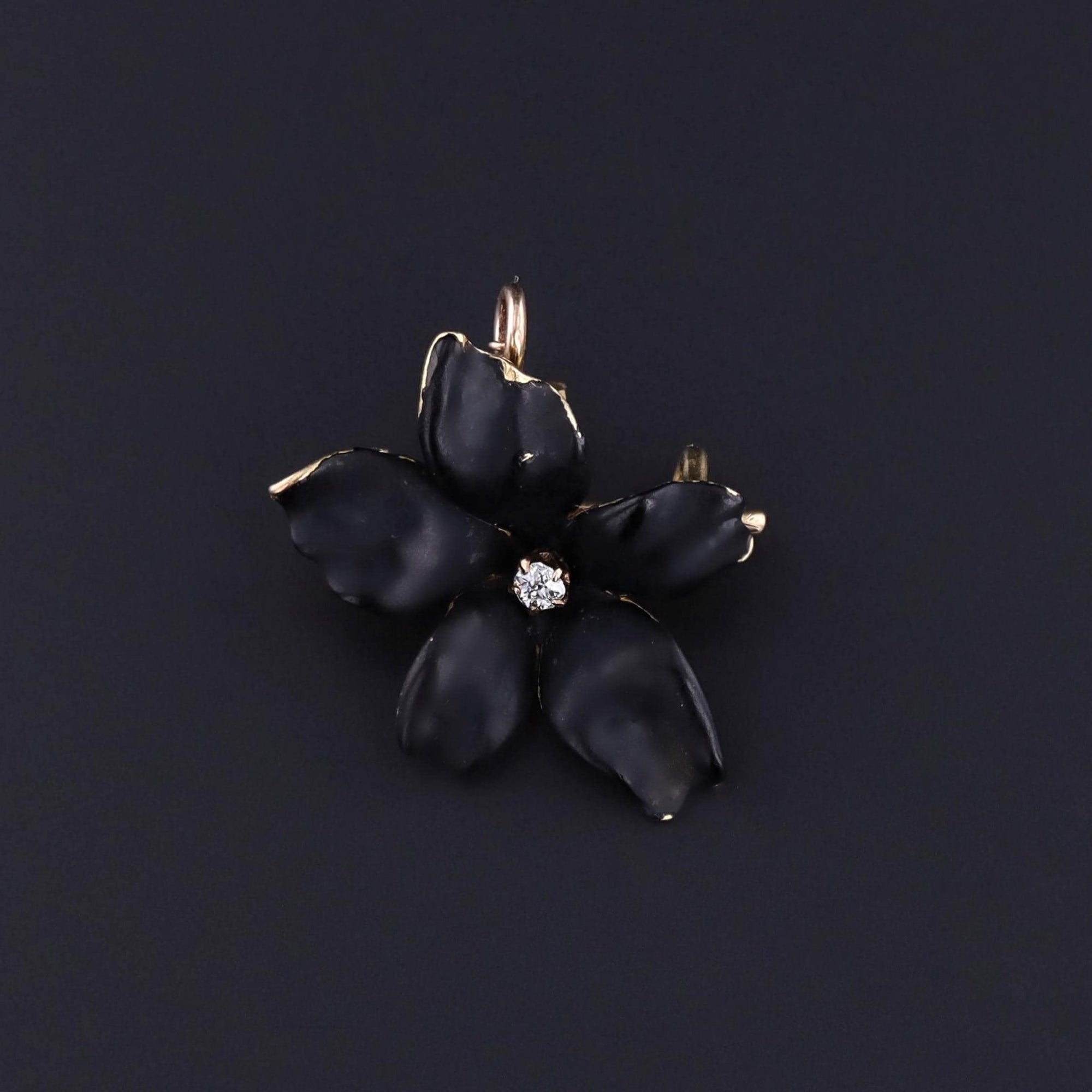 Antique Black Enamel Violet Pendant Brooch of 14k Gold - Trademark Antiques