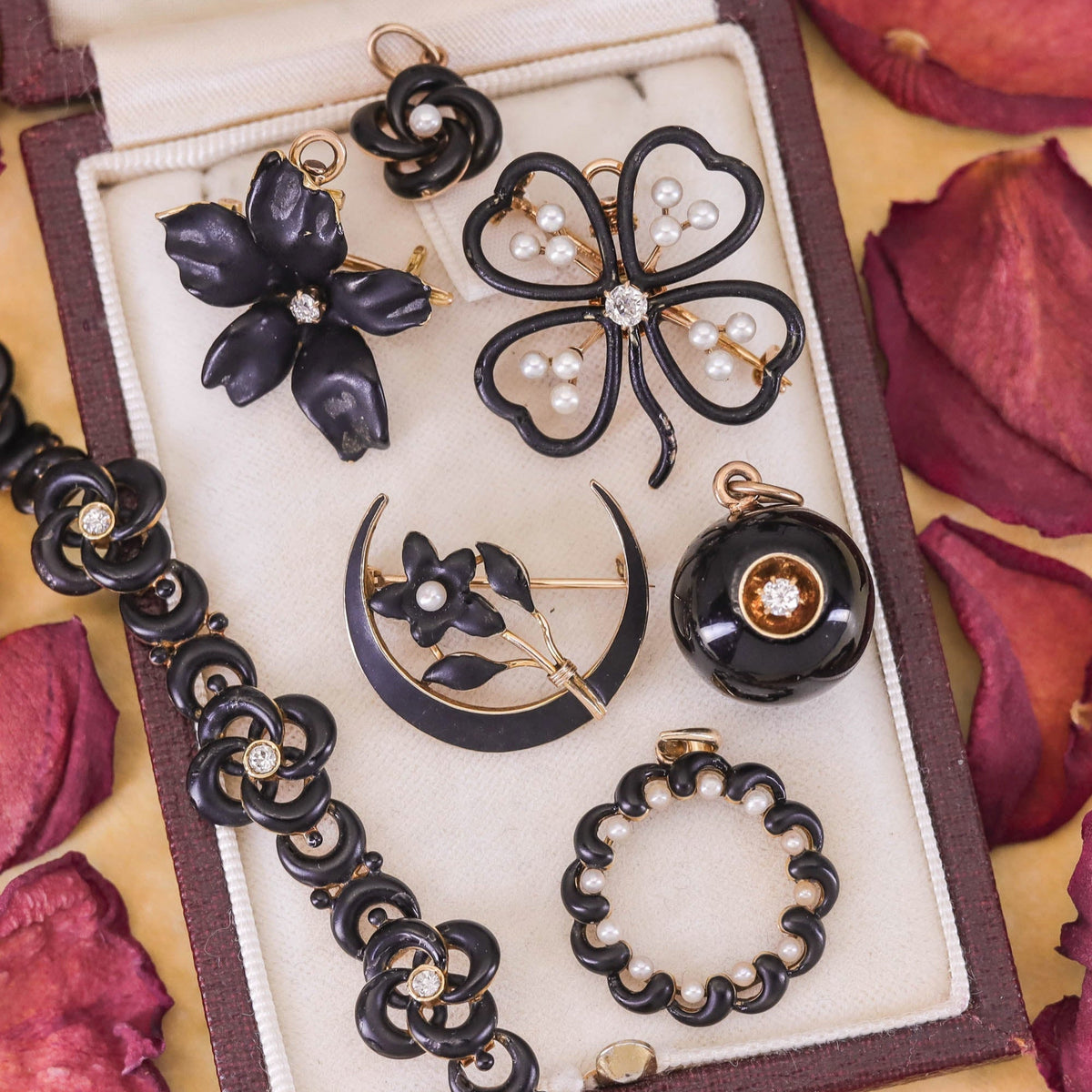 Antique Black Enamel Violet Pendant Brooch of 14k Gold - Trademark Antiques