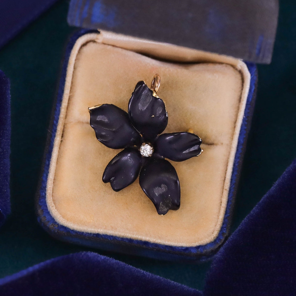 Antique Black Enamel Violet Pendant Brooch of 14k Gold - Trademark Antiques