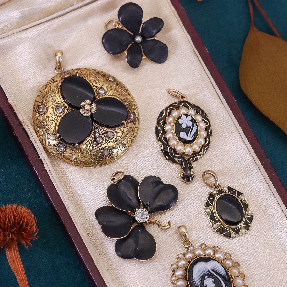 Antique Black Enamel Violet Pendant of 14k Gold - Trademark Antiques