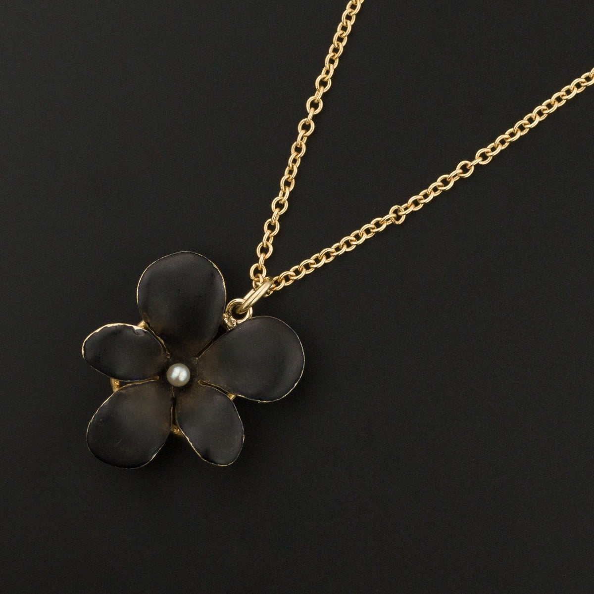 Antique Black Enamel Violet Pendant of 14k Gold - Trademark Antiques