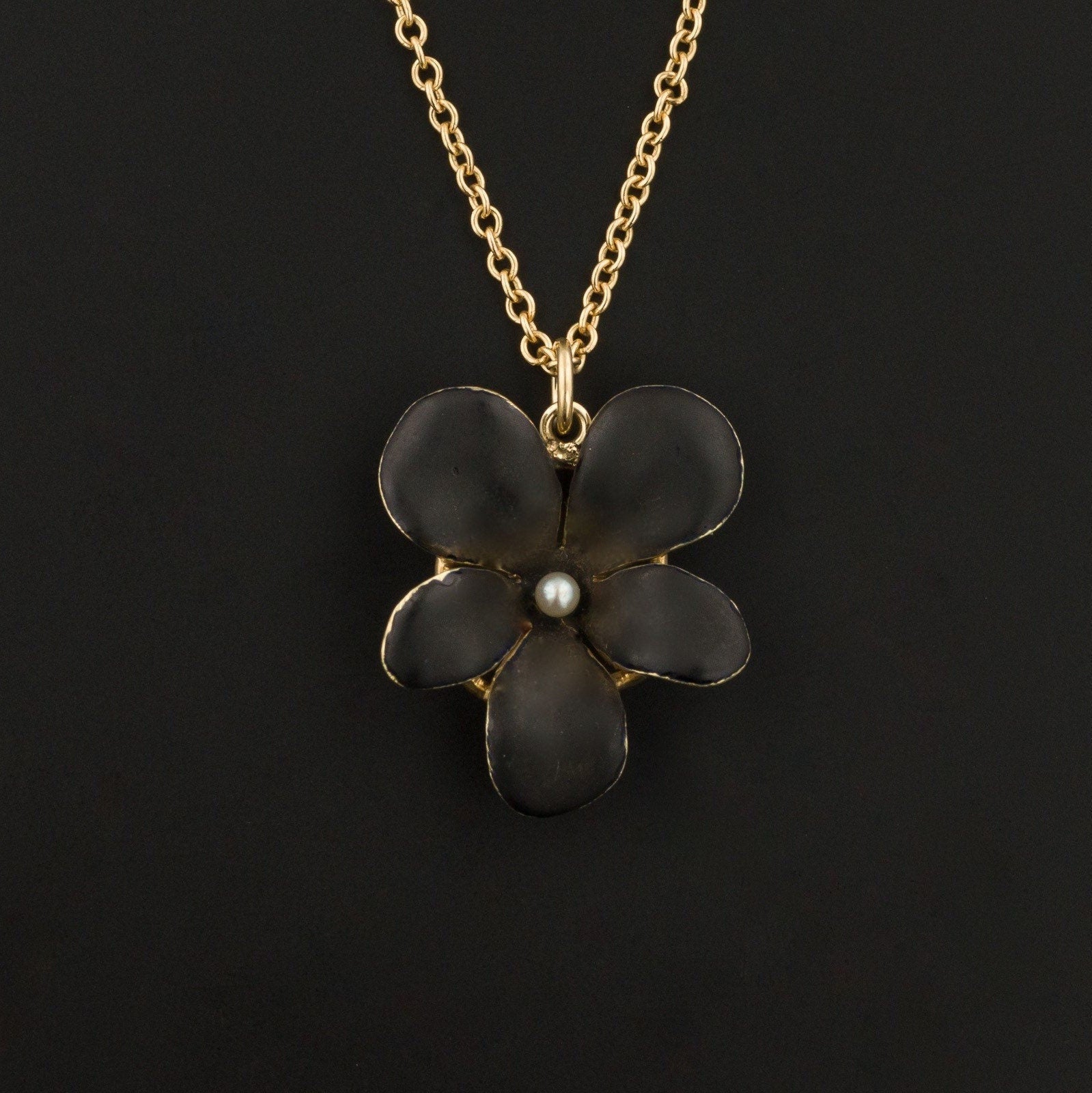 Antique Black Enamel Violet Pendant of 14k Gold - Trademark Antiques