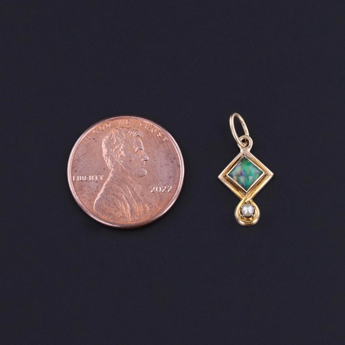 Antique Black Opal &amp; Pearl Charm of 14k Gold - Trademark Antiques