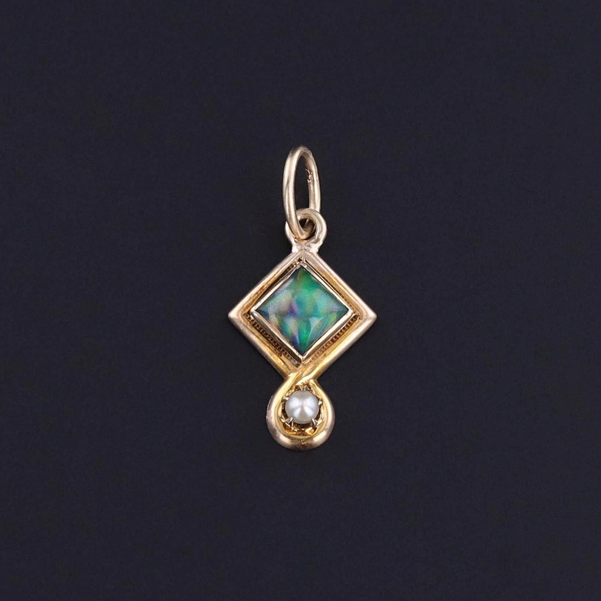 Antique Black Opal &amp; Pearl Charm of 14k Gold - Trademark Antiques
