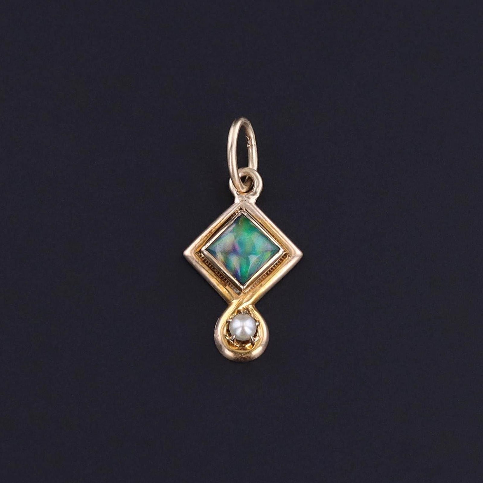 Antique Black Opal & Pearl Charm of 14k Gold - Trademark Antiques