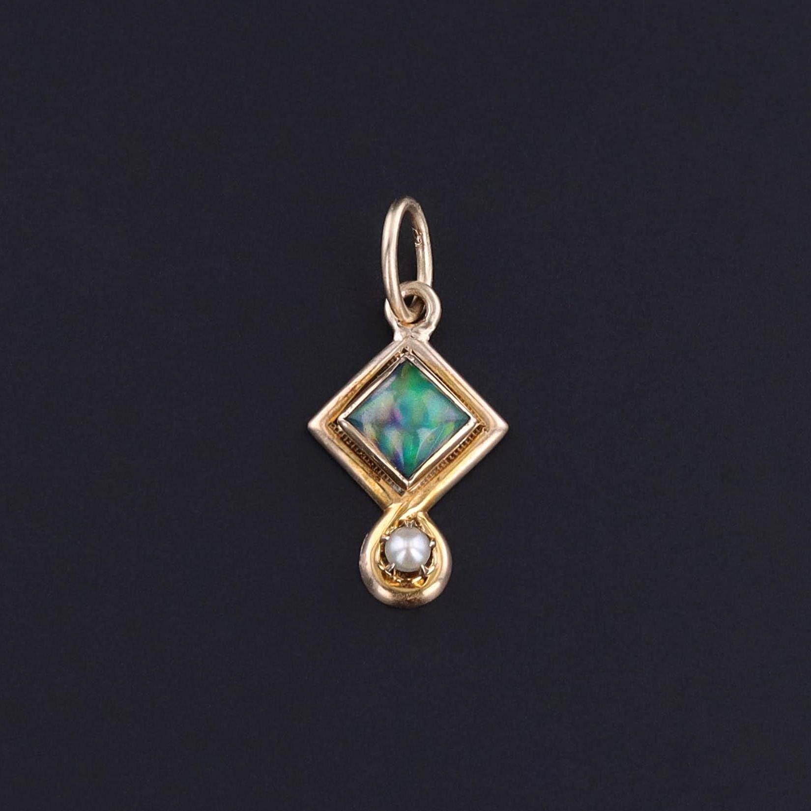 Antique Black Opal & Pearl Charm of 14k Gold - Trademark Antiques