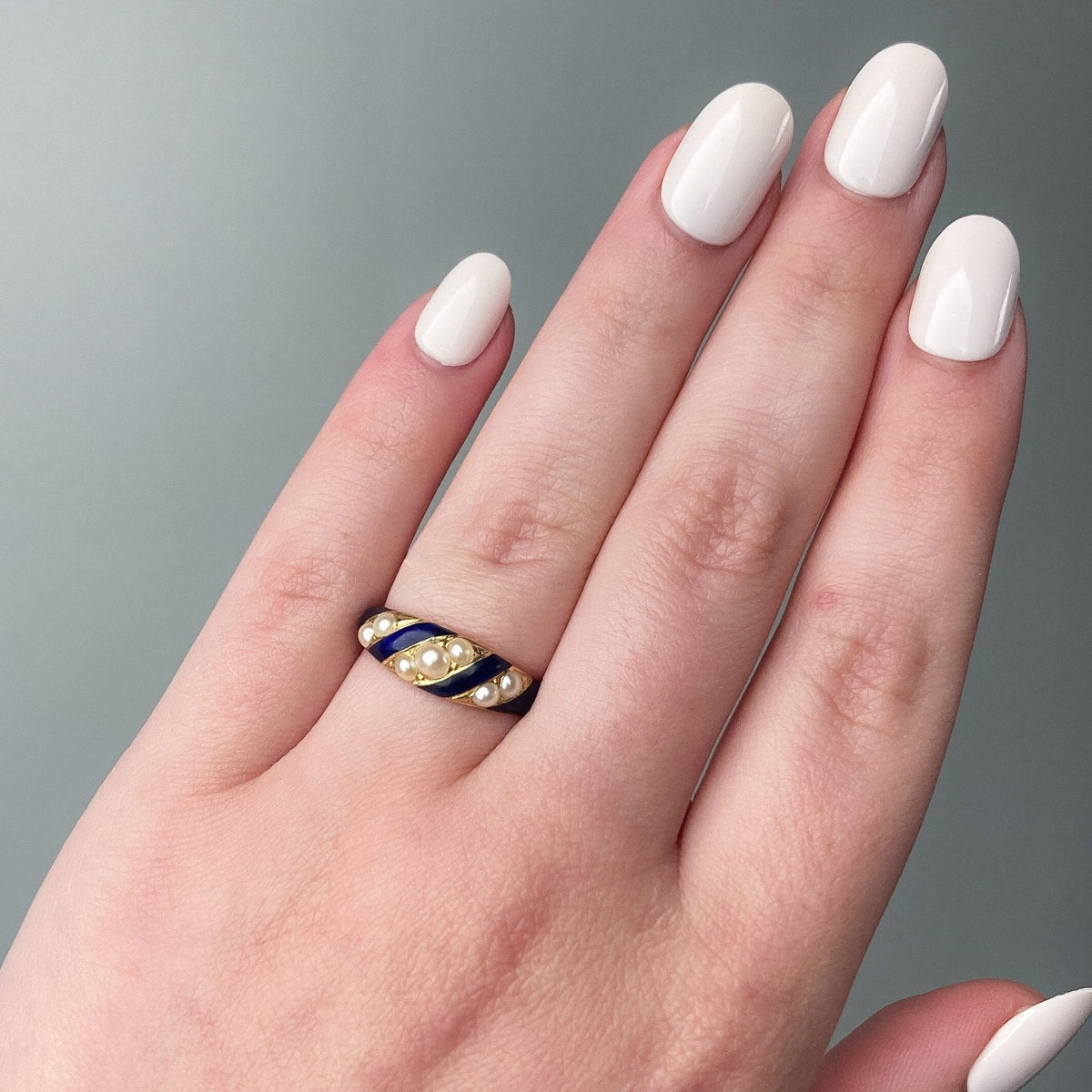 Antique Blue Enamel &amp; Pearl Locket Ring of 18k Gold - Trademark Antiques