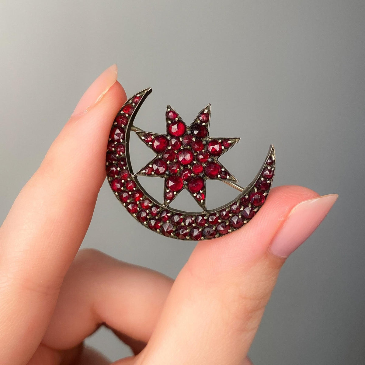 Antique Bohemian Garnet Crescent and Star Brooch - Trademark Antiques