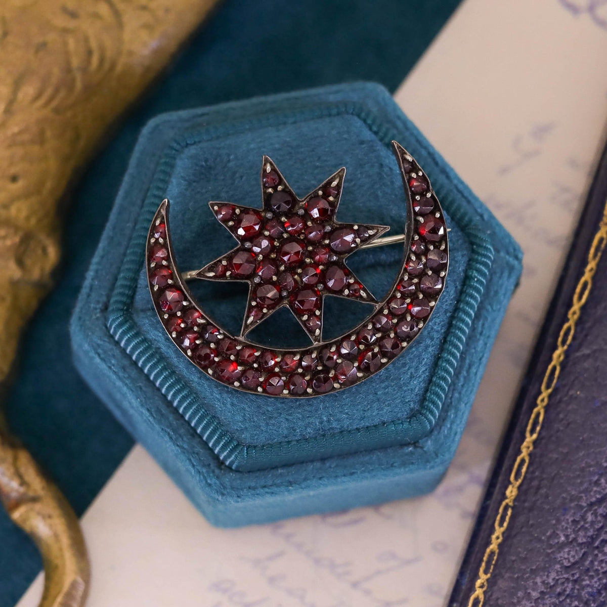 Antique Bohemian Garnet Crescent and Star Brooch - Trademark Antiques