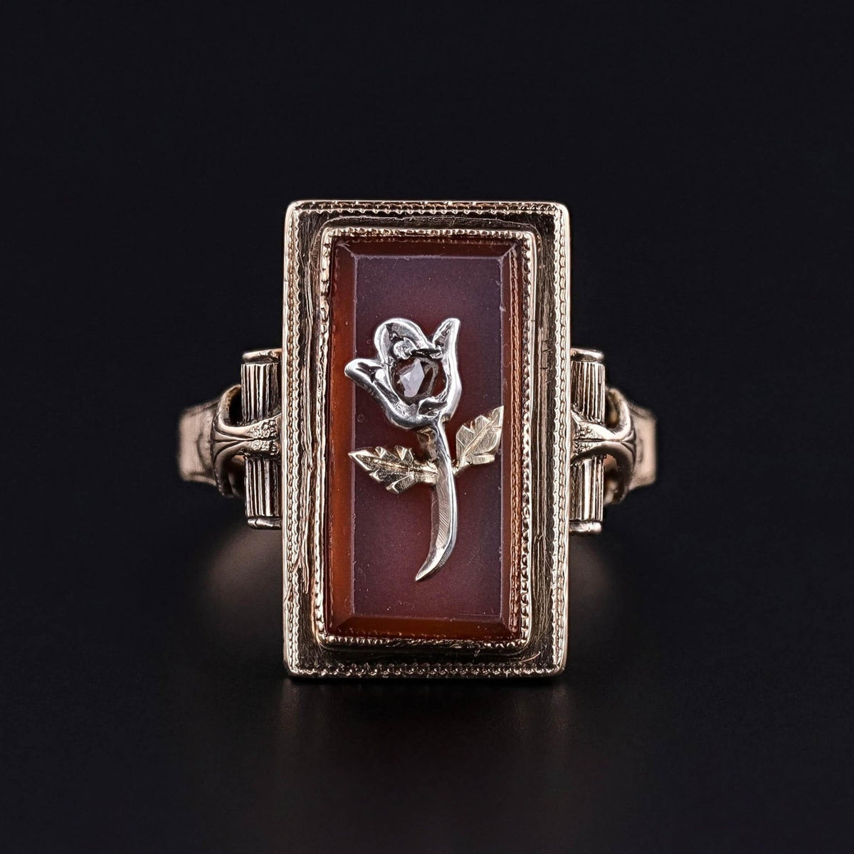 Antique Carnelian and Diamond Flower Ring of 14k Gold - Trademark Antiques