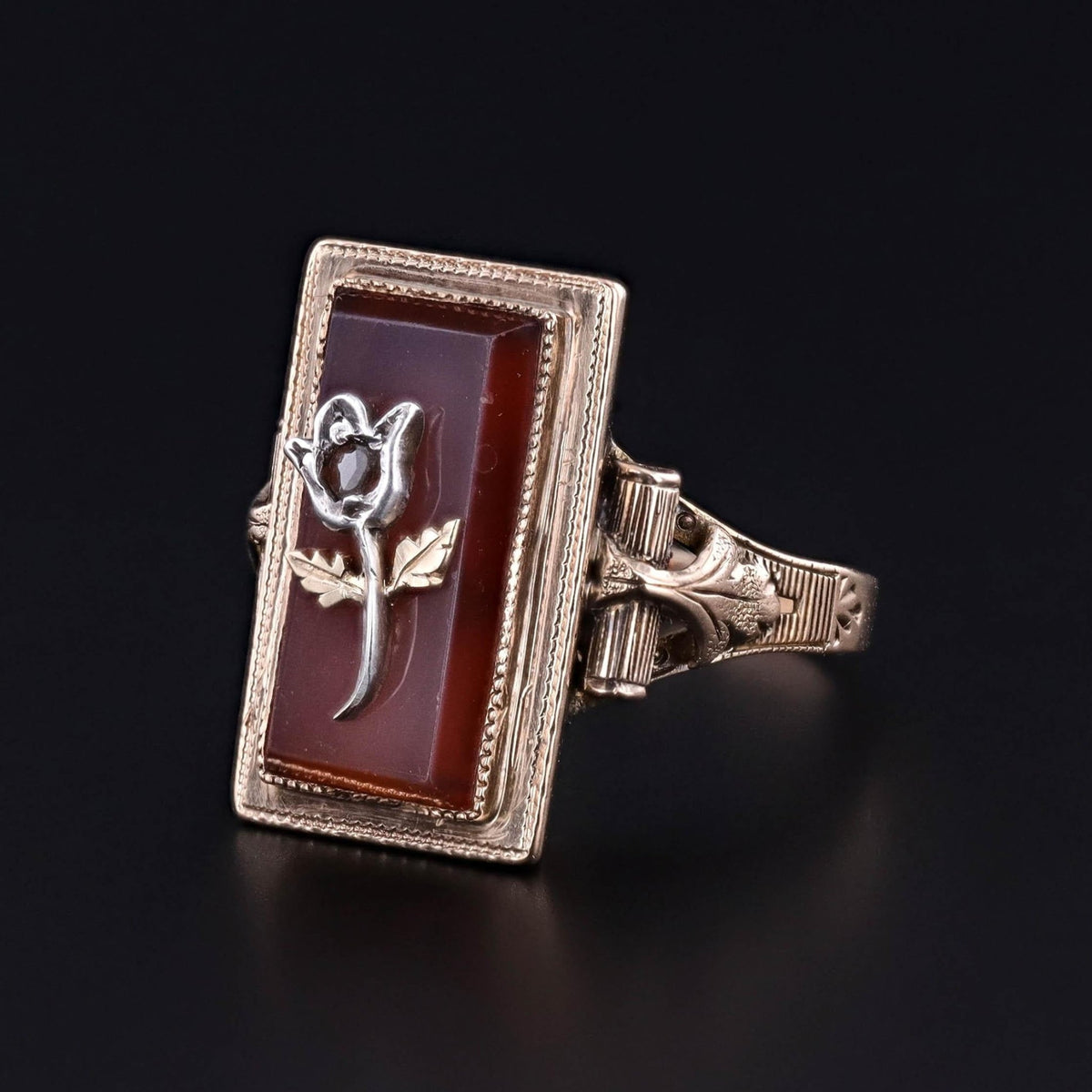 Antique Carnelian and Diamond Flower Ring of 14k Gold - Trademark Antiques