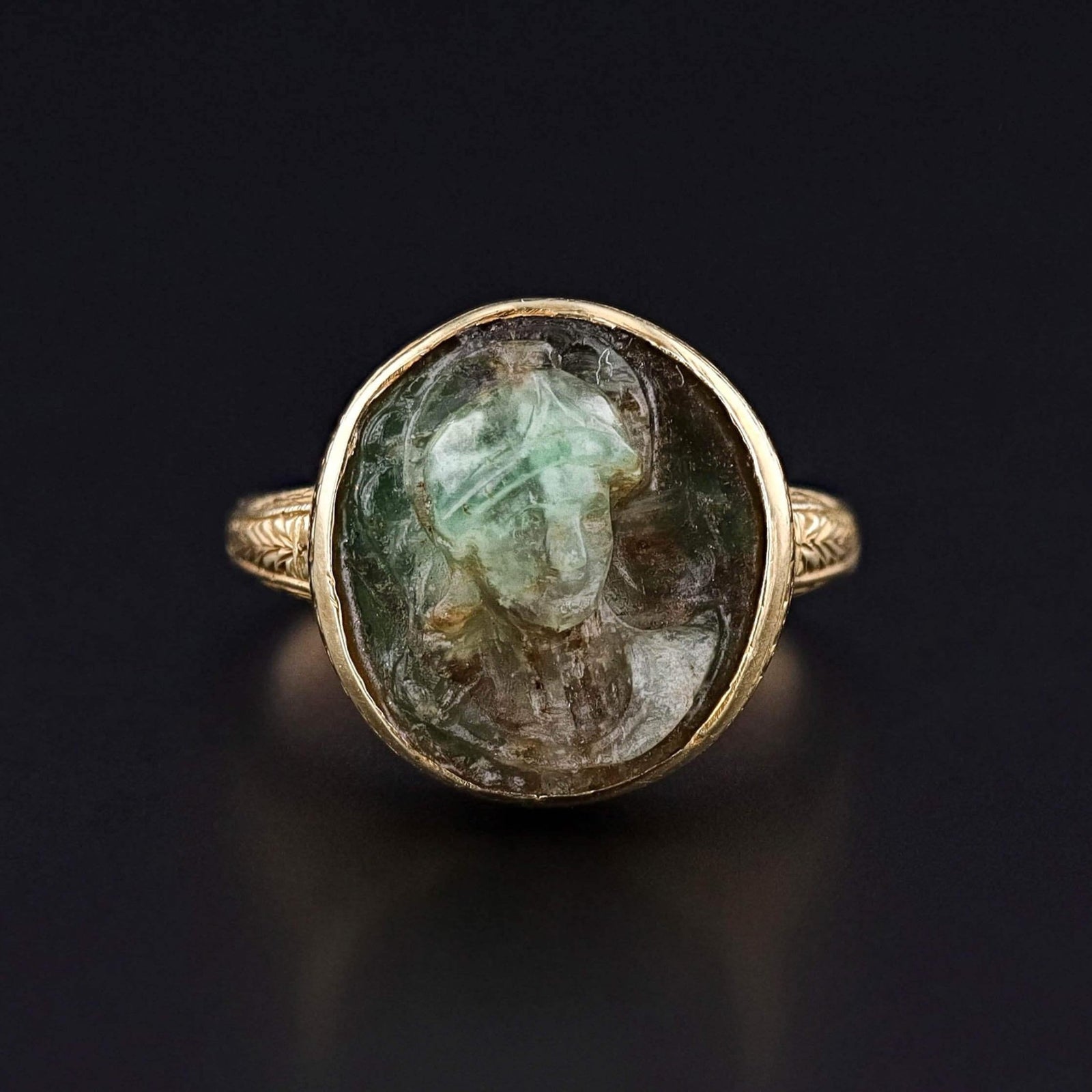 Antique Carved Emerald Cameo Ring of 14k Gold - Trademark Antiques