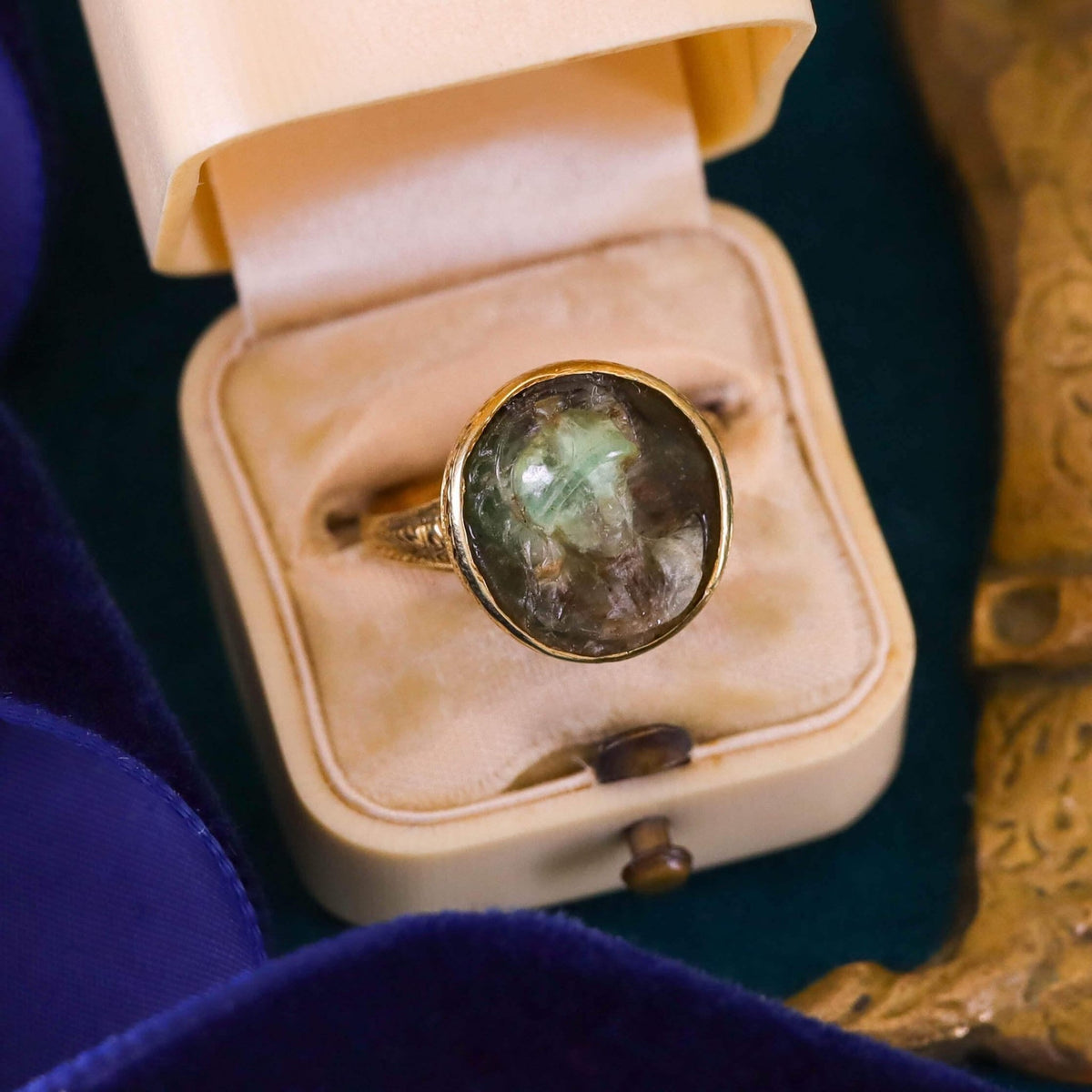 Antique Carved Emerald Cameo Ring of 14k Gold - Trademark Antiques