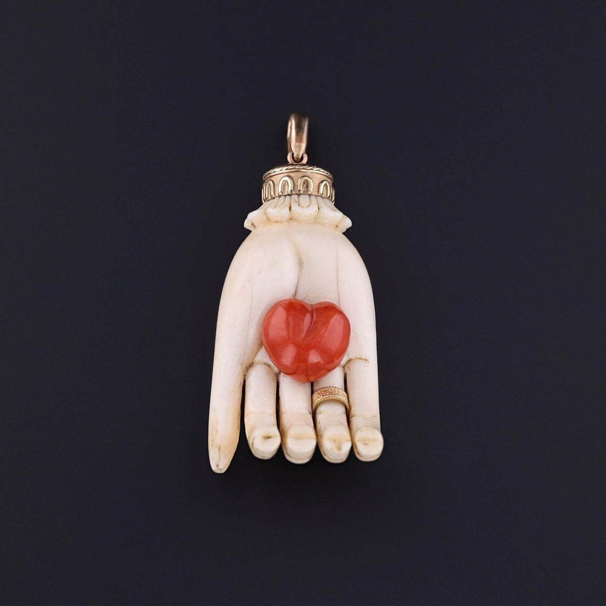 Antique Carved Heart in Hand Pendant of 14k Gold - Trademark Antiques