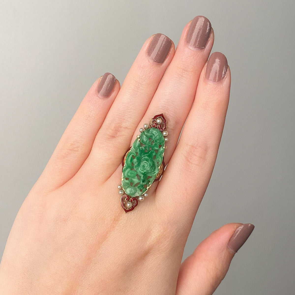 Antique Carved Jadeite and Enamel Ring of 14k Gold - Trademark Antiques