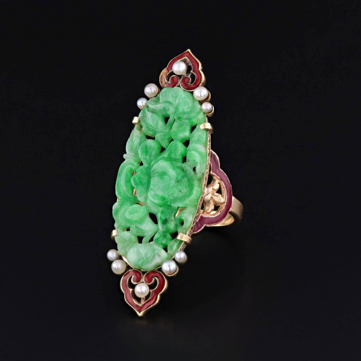 Antique Carved Jadeite and Enamel Ring of 14k Gold - Trademark Antiques