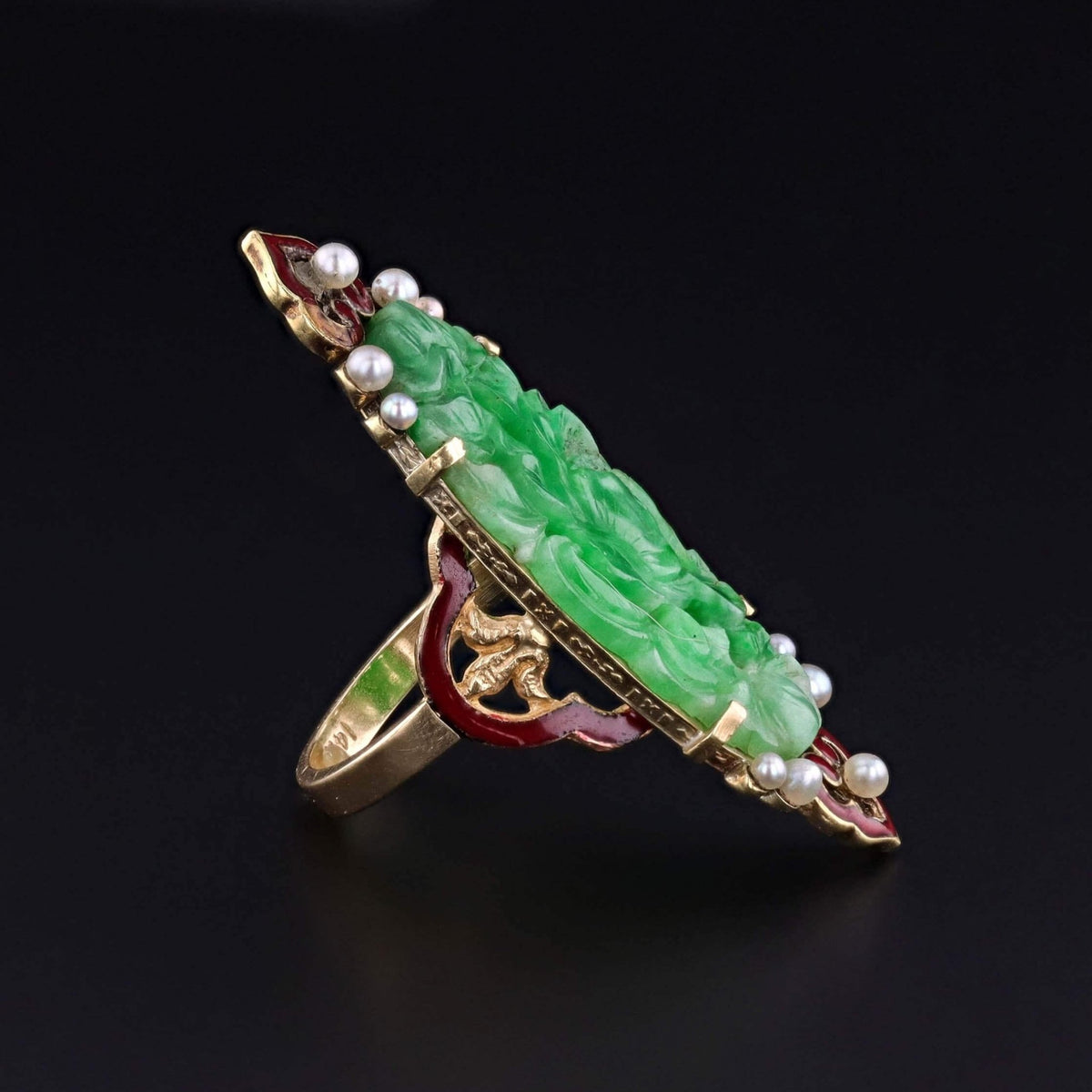 Antique Carved Jadeite and Enamel Ring of 14k Gold - Trademark Antiques
