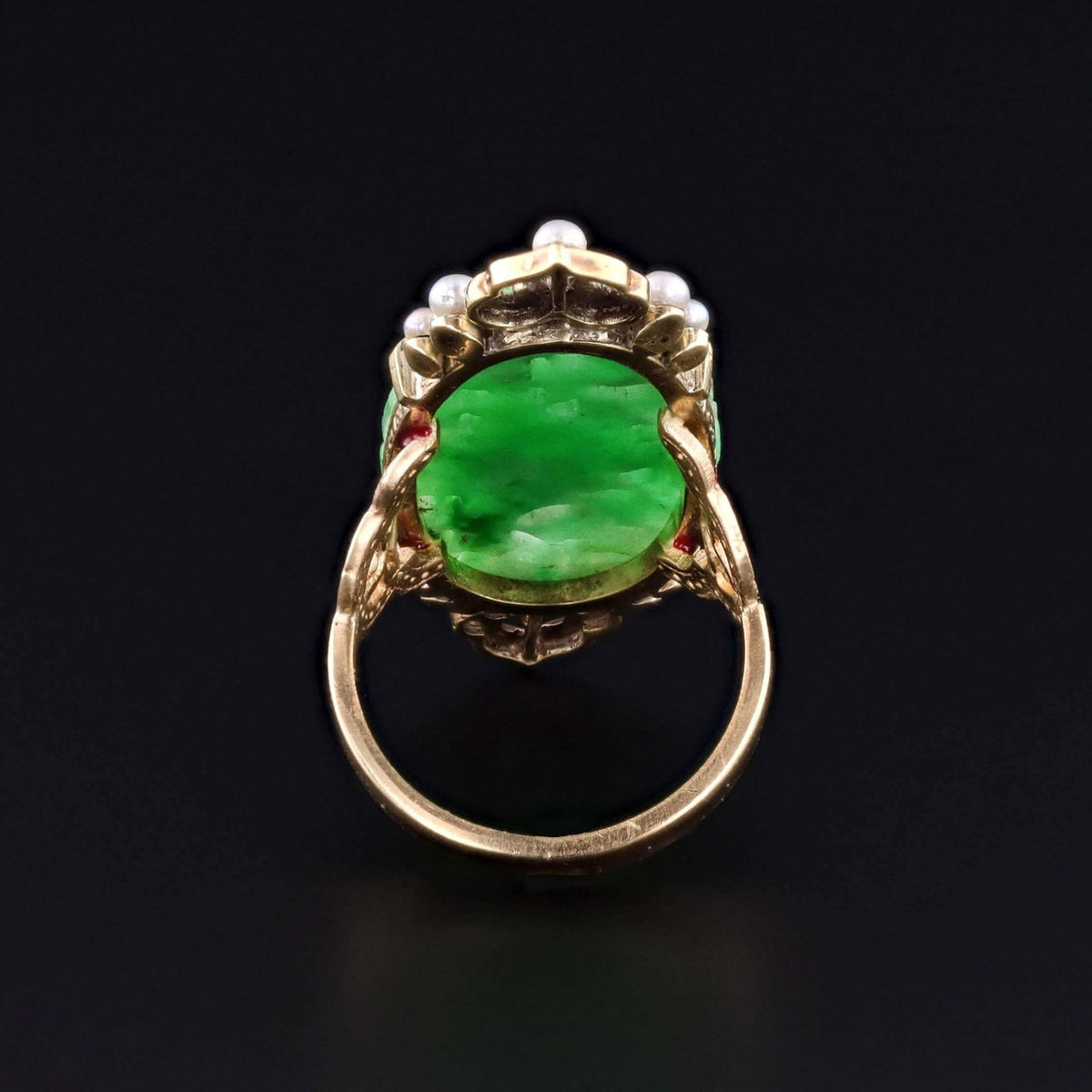 Antique Carved Jadeite and Enamel Ring of 14k Gold - Trademark Antiques