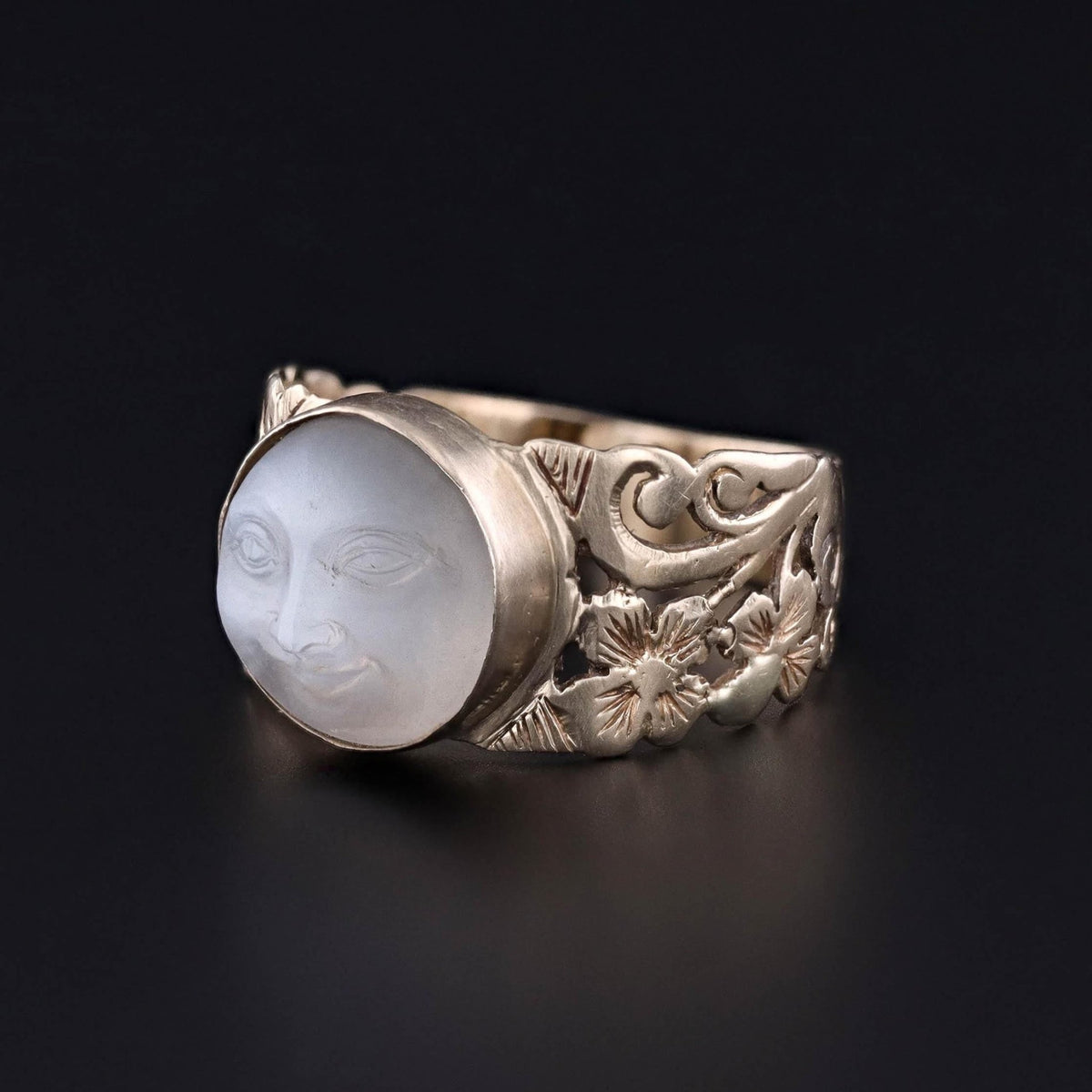 Antique Carved Moonstone Man in the Moon Ring of 14k Gold - Trademark Antiques