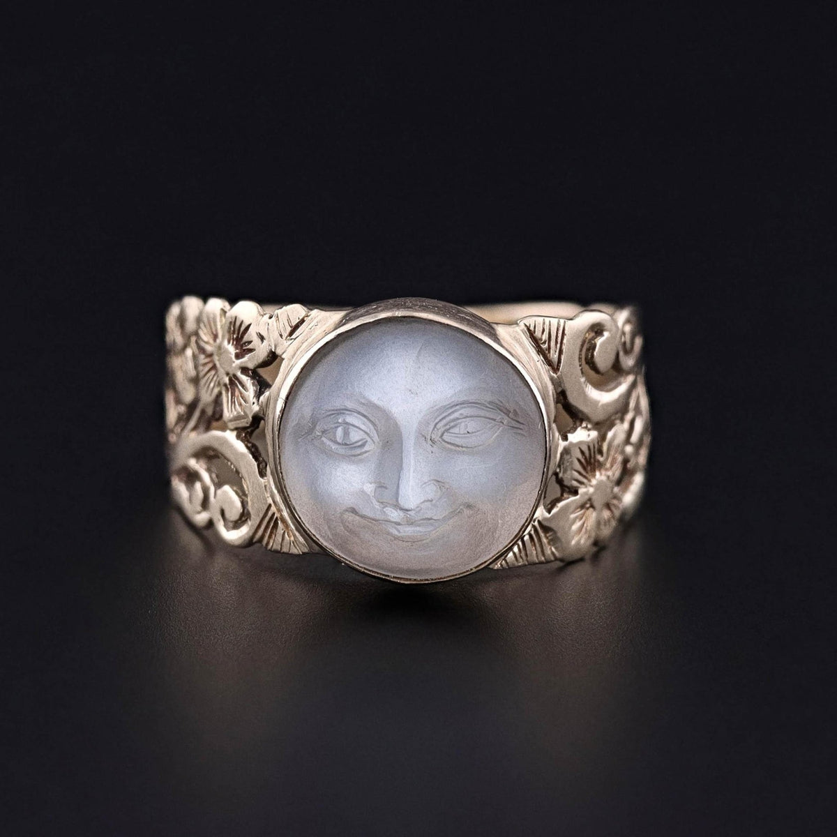 Antique Carved Moonstone Man in the Moon Ring of 14k Gold - Trademark Antiques