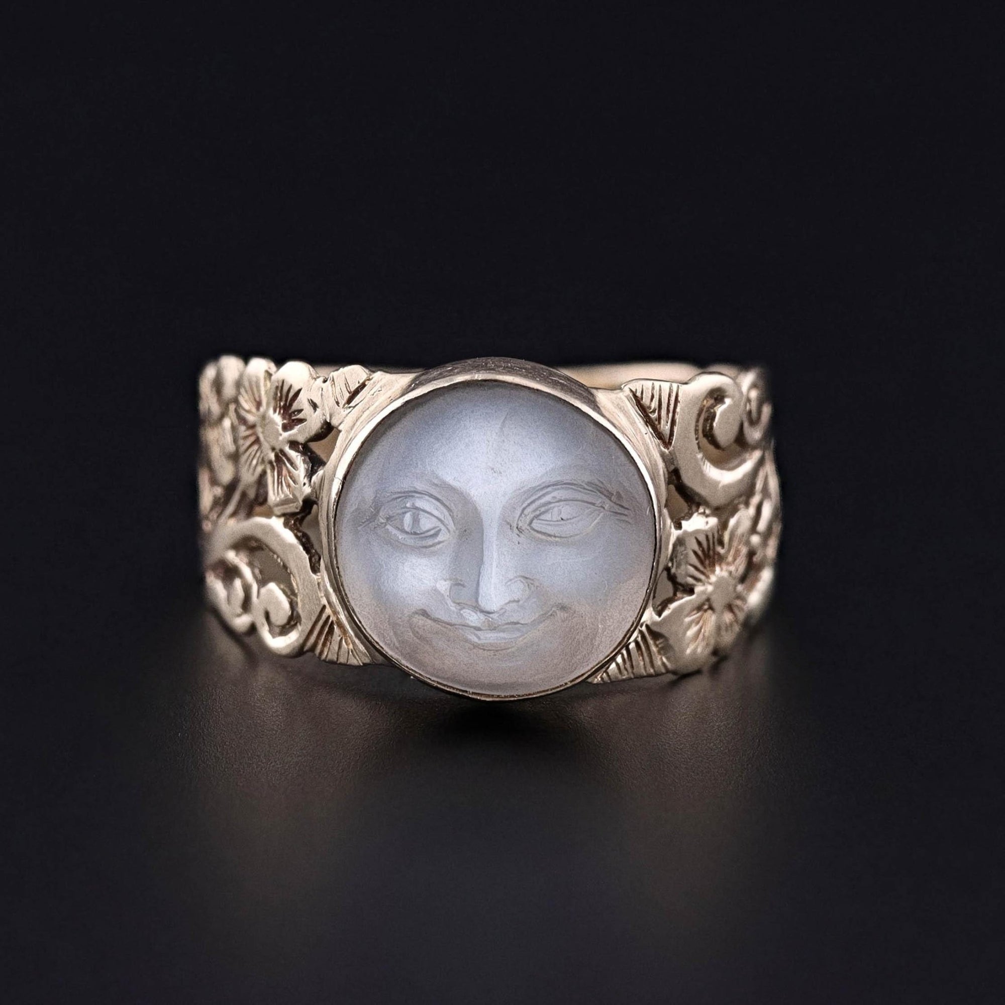 Antique Carved Moonstone Man in the Moon Ring of 14k Gold - Trademark Antiques