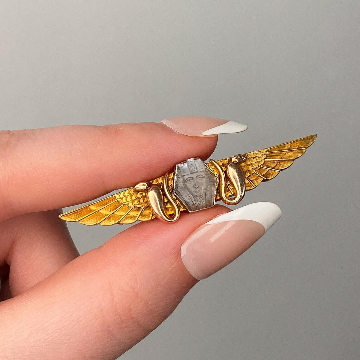 Antique Carved Moonstone Pharaoh Brooch of 14k Gold - Trademark Antiques