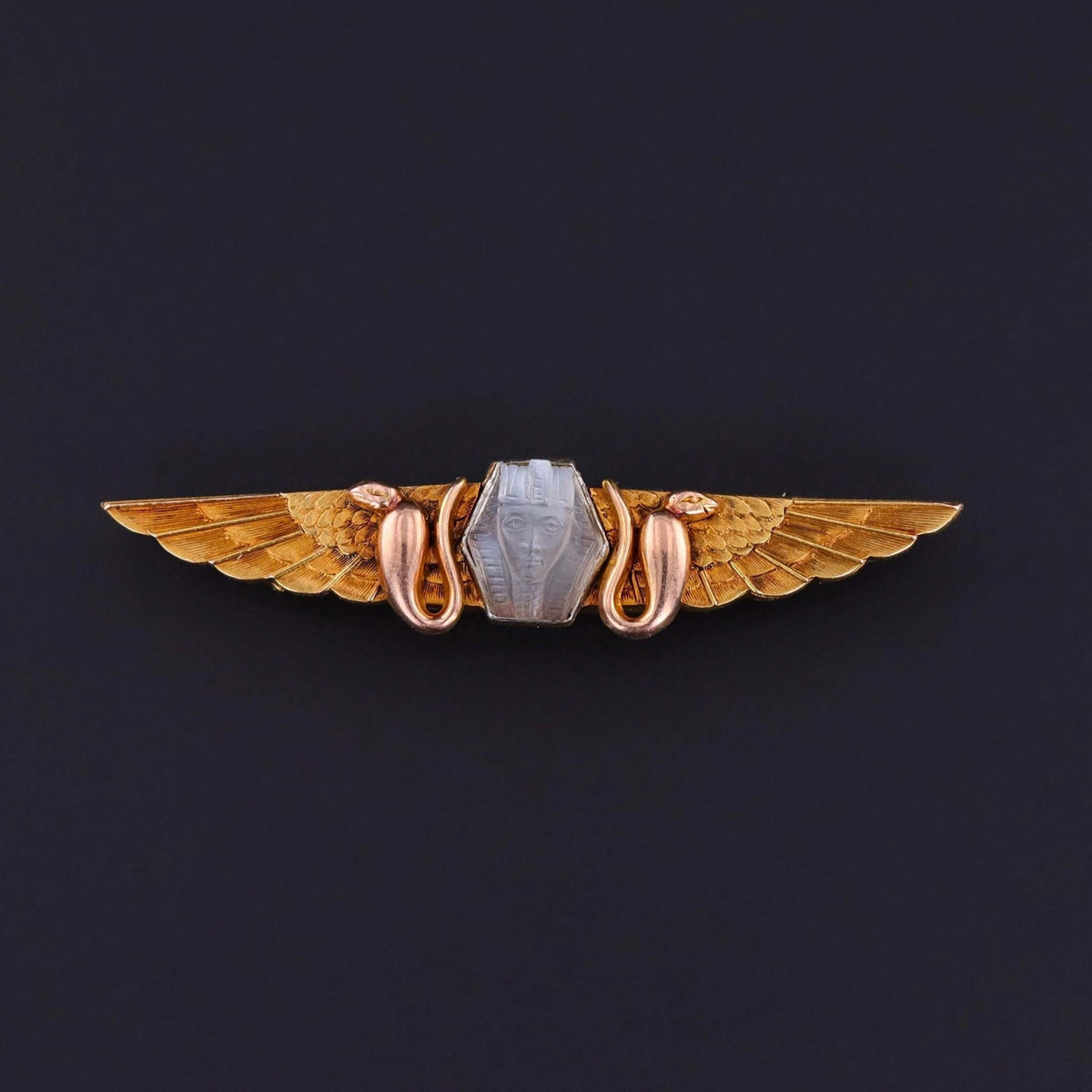 Antique Carved Moonstone Pharaoh Brooch of 14k Gold - Trademark Antiques