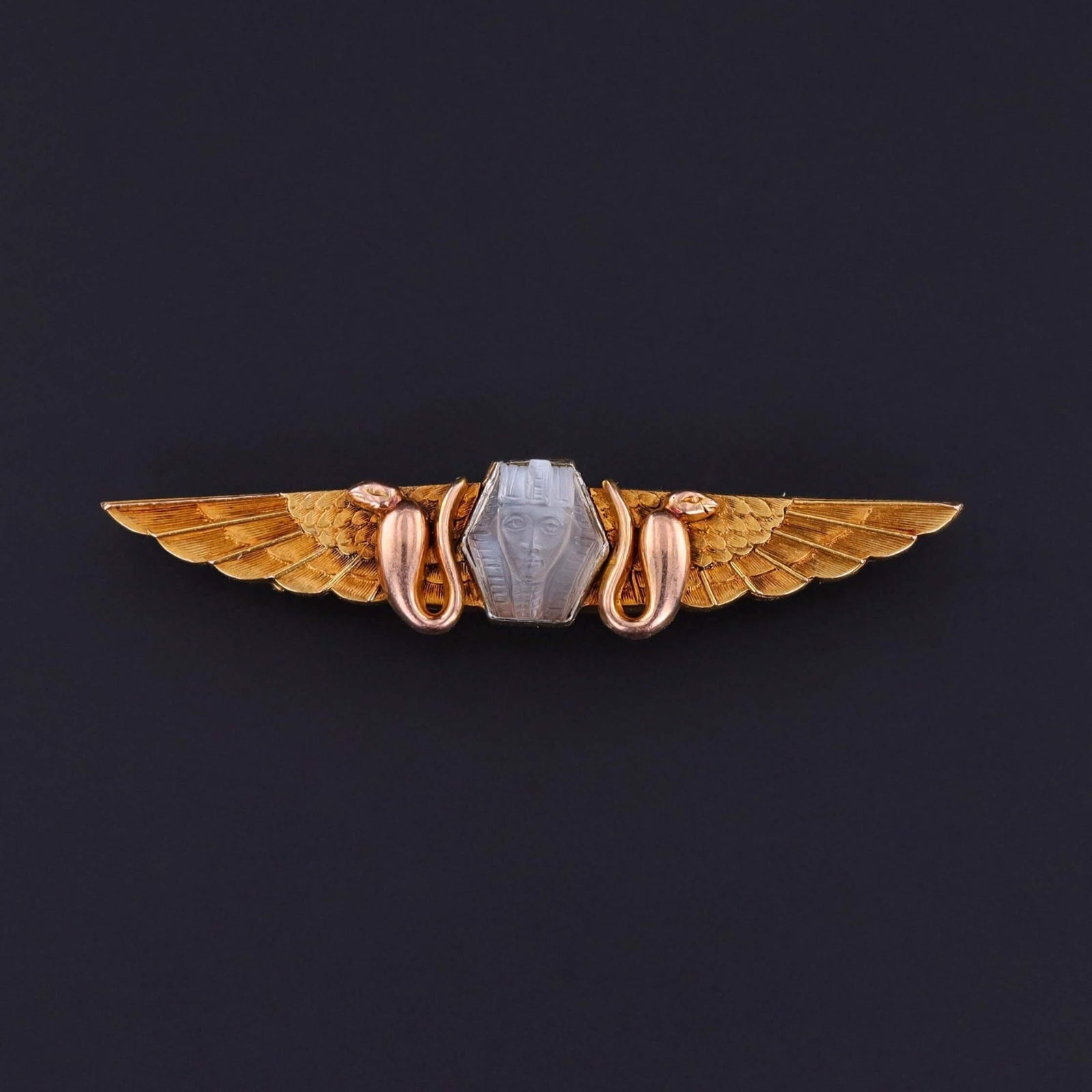 Antique Carved Moonstone Pharaoh Brooch of 14k Gold - Trademark Antiques
