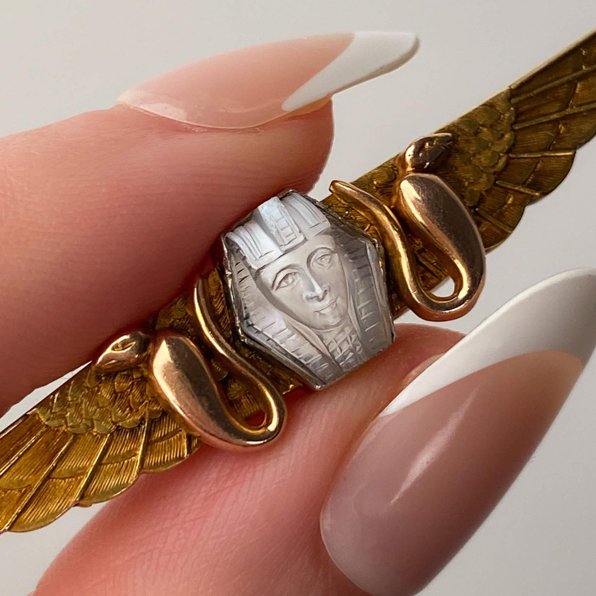 Antique Carved Moonstone Pharaoh Brooch of 14k Gold - Trademark Antiques