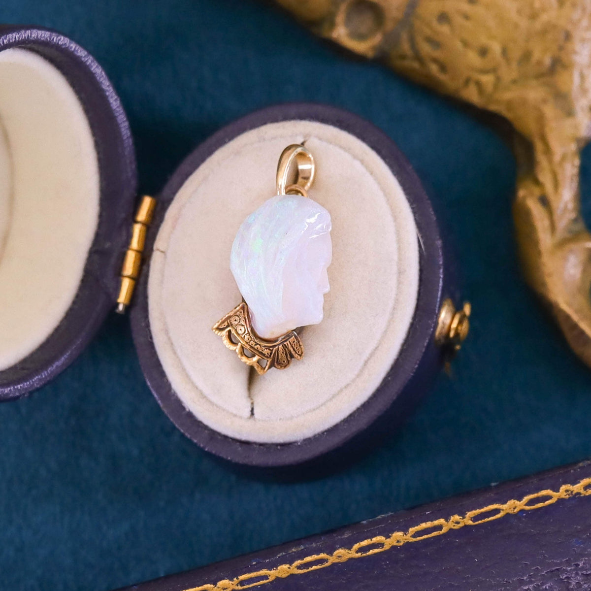 Antique Carved Opal Face Charm of 14k Gold - Trademark Antiques