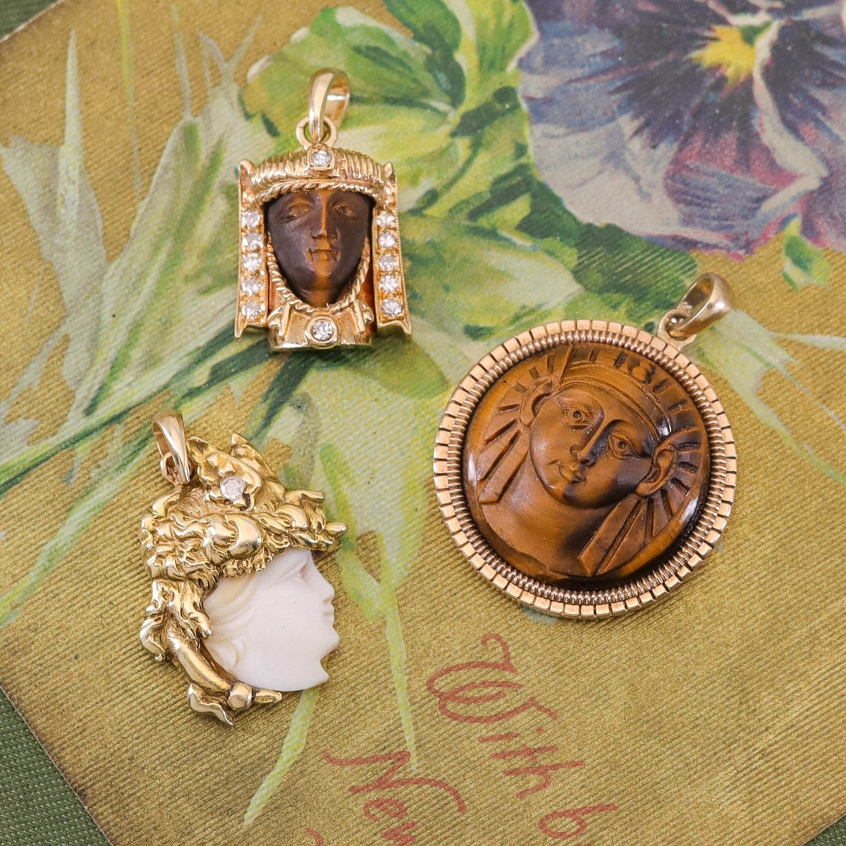 Antique Carved Tiger's Eye Pharaoh Pendant of 14k Gold - Trademark Antiques