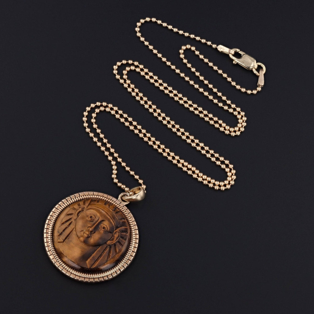 Antique Carved Tiger's Eye Pharaoh Pendant of 14k Gold - Trademark Antiques