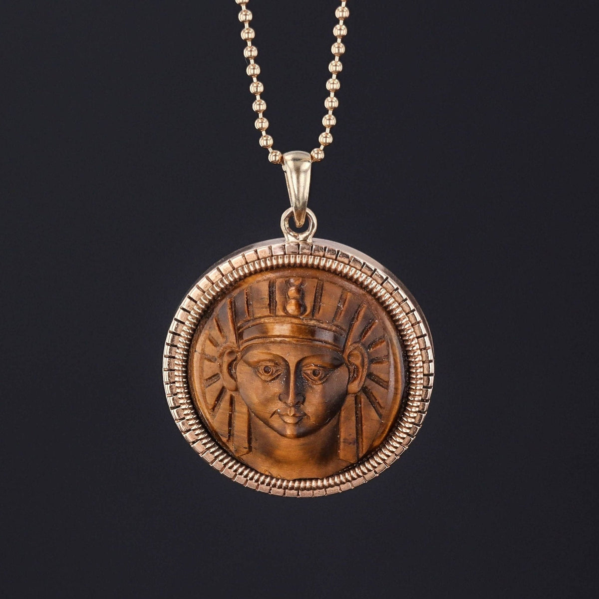 Antique Carved Tiger's Eye Pharaoh Pendant of 14k Gold - Trademark Antiques