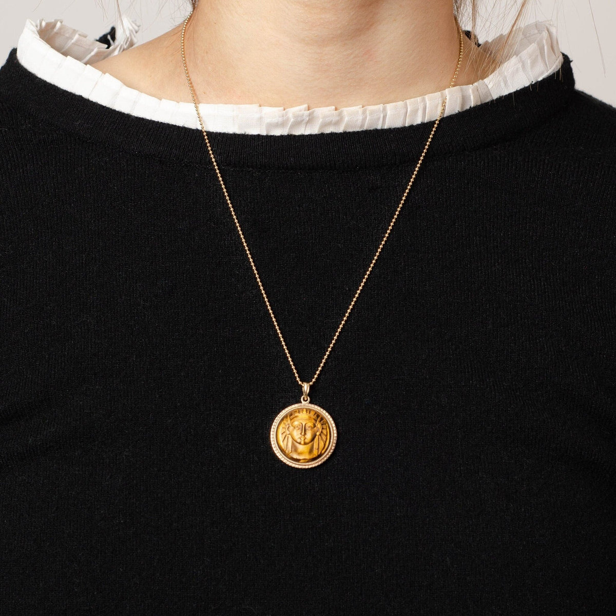 Antique Carved Tiger's Eye Pharaoh Pendant of 14k Gold - Trademark Antiques