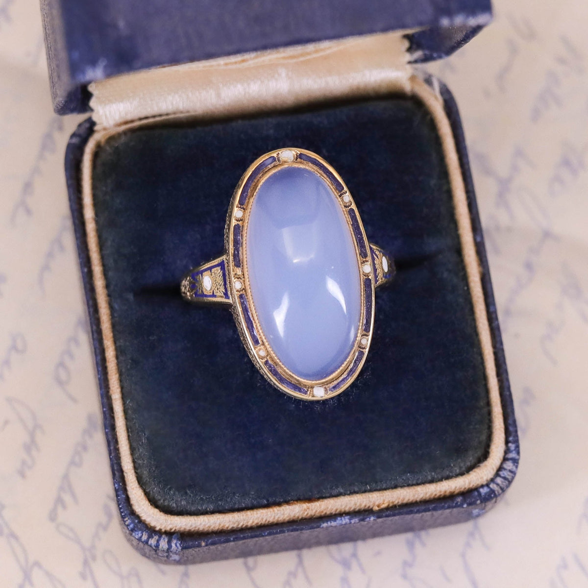 Antique Chalcedony and Enamel Ring of 14k Gold - Trademark Antiques