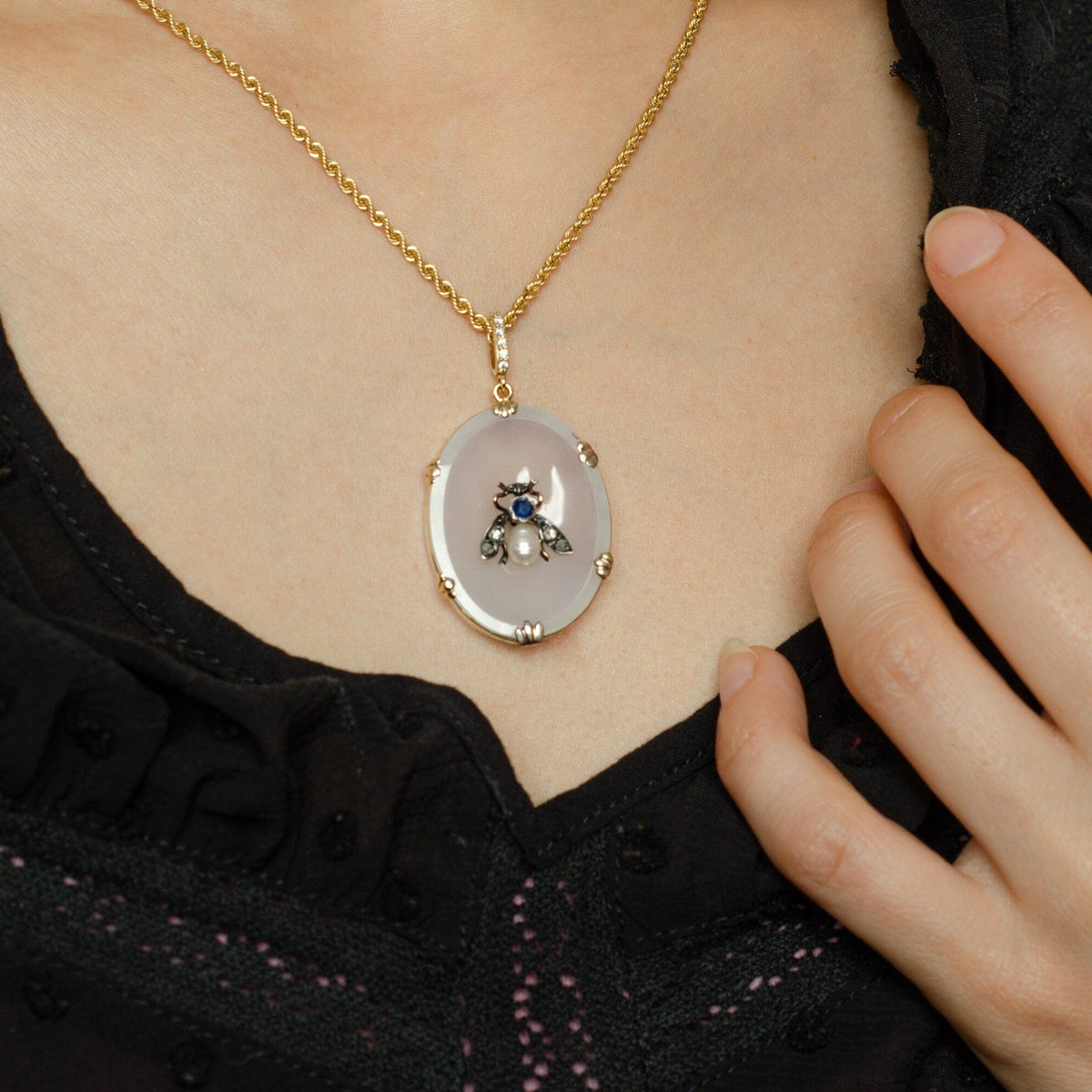 Antique Chalcedony and Gemstone Bug Pendant on 14k Gold - Trademark Antiques