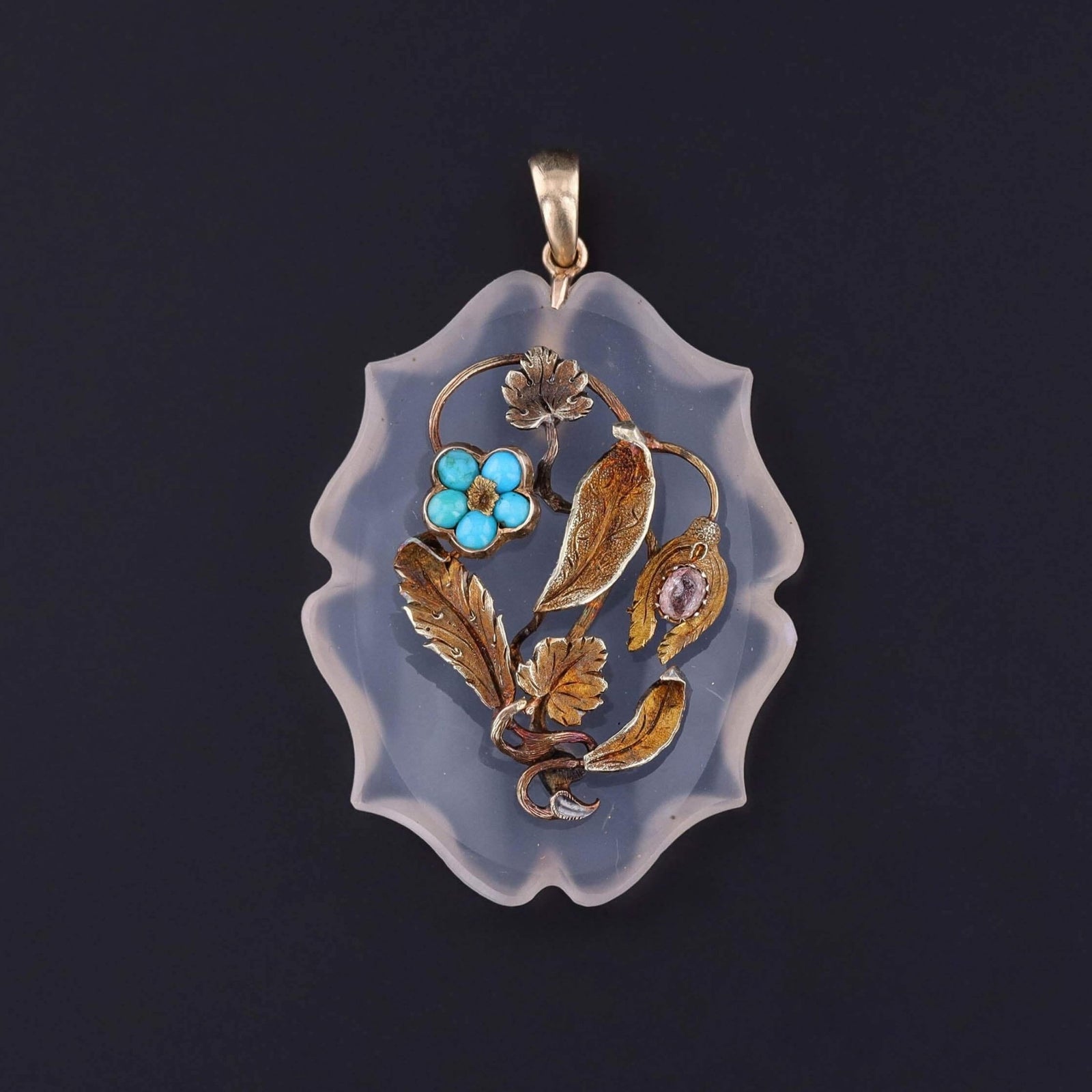 Antique Chalcedony Flower Pendant of 16k Gold - Trademark Antiques