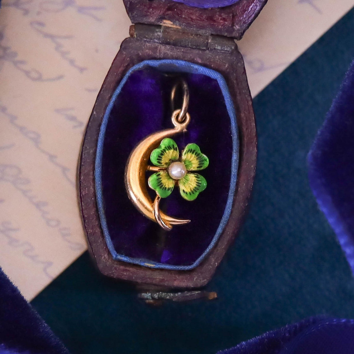 Antique Clover Crescent Charm of 10k Gold - Trademark Antiques