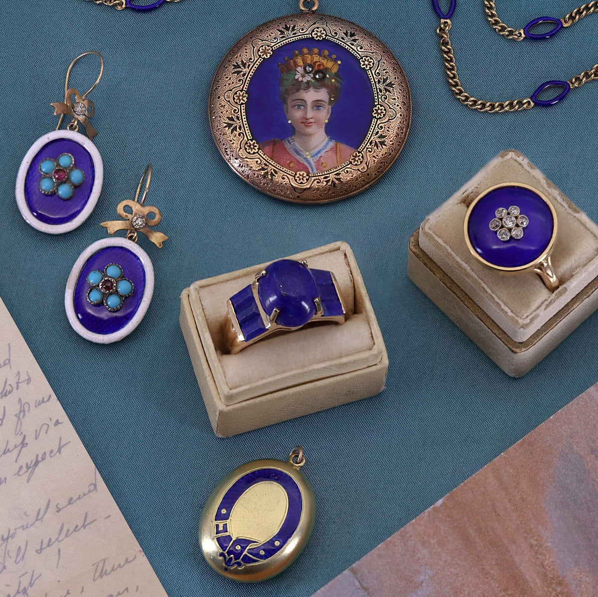 Antique Cobalt Blue Enamel and Diamond Conversion Ring of 14k Gold - Trademark Antiques