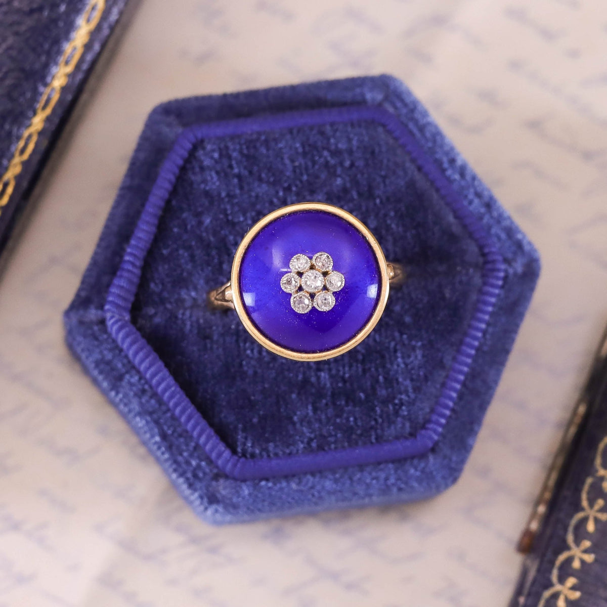 Antique Cobalt Blue Enamel and Diamond Conversion Ring of 14k Gold - Trademark Antiques
