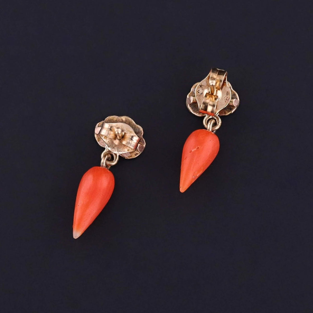 Antique Coral and Enamel Carrot Earrings of 14k Gold - Trademark Antiques