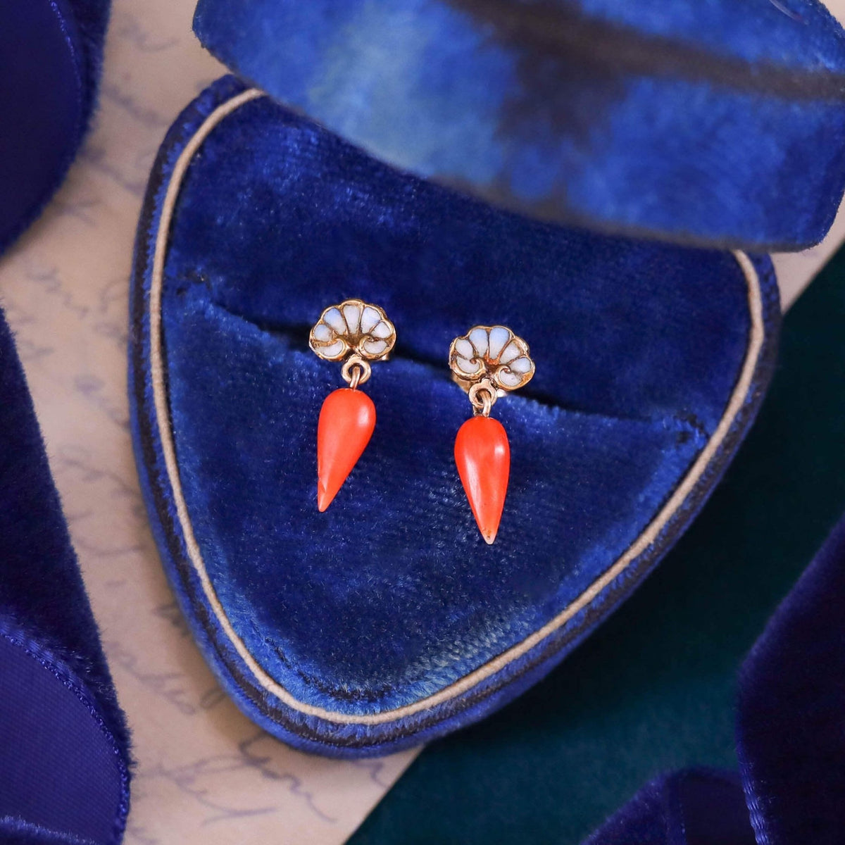 Antique Coral and Enamel Carrot Earrings of 14k Gold - Trademark Antiques