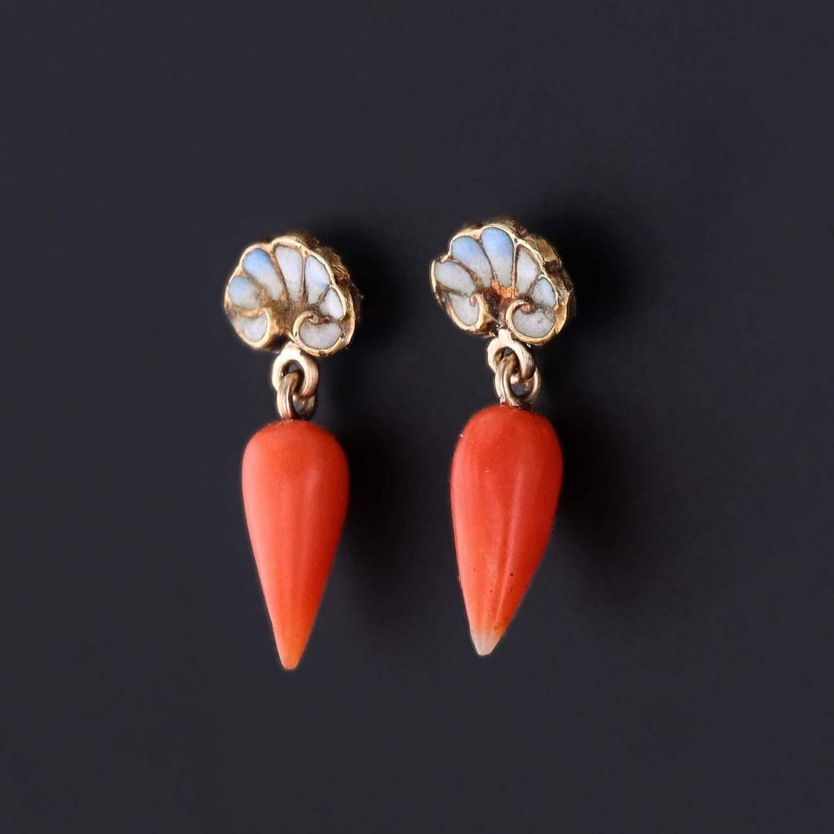 Antique Coral and Enamel Carrot Earrings of 14k Gold - Trademark Antiques