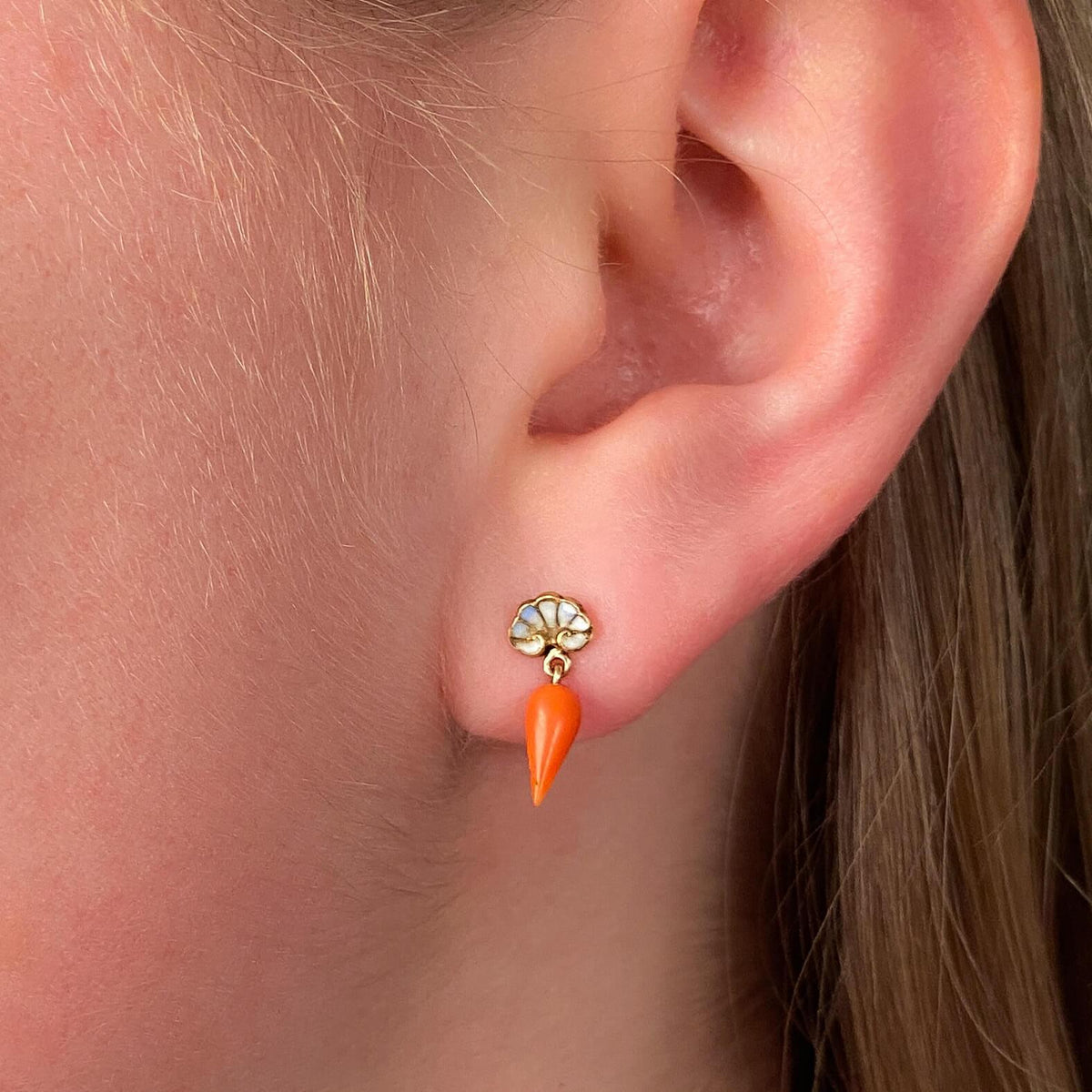 Antique Coral and Enamel Carrot Earrings of 14k Gold - Trademark Antiques