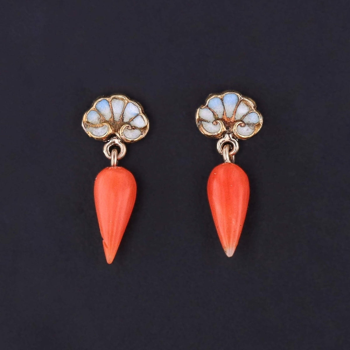 Antique Coral and Enamel Carrot Earrings of 14k Gold - Trademark Antiques